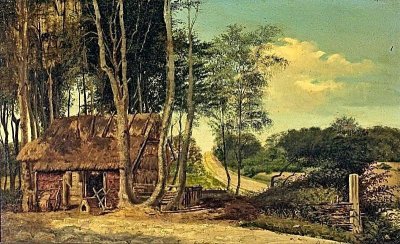 Landscape with a small cabin in a forest Download Jigsaw Puzzle